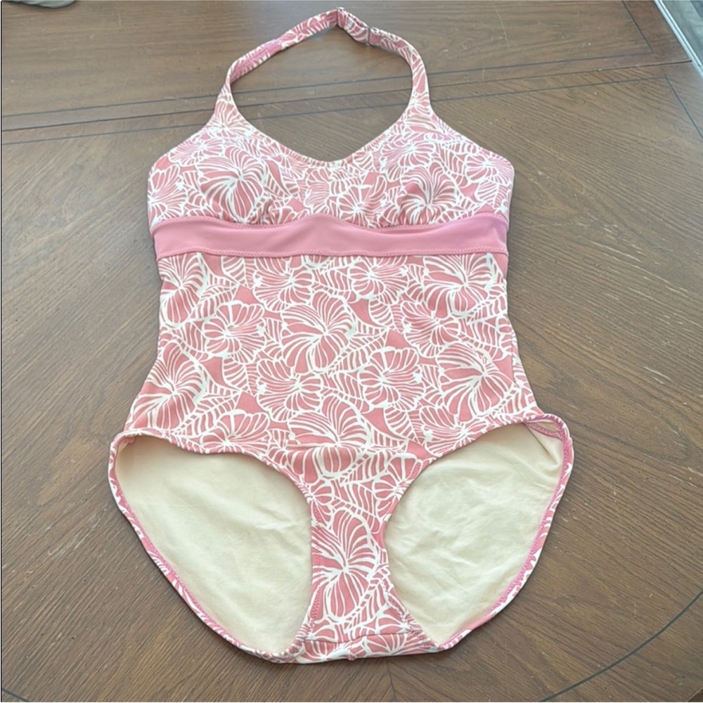 LL BEAN Floral Tropical Print Pink White Halter OnePiece swimsuit Sz 12 Like New
